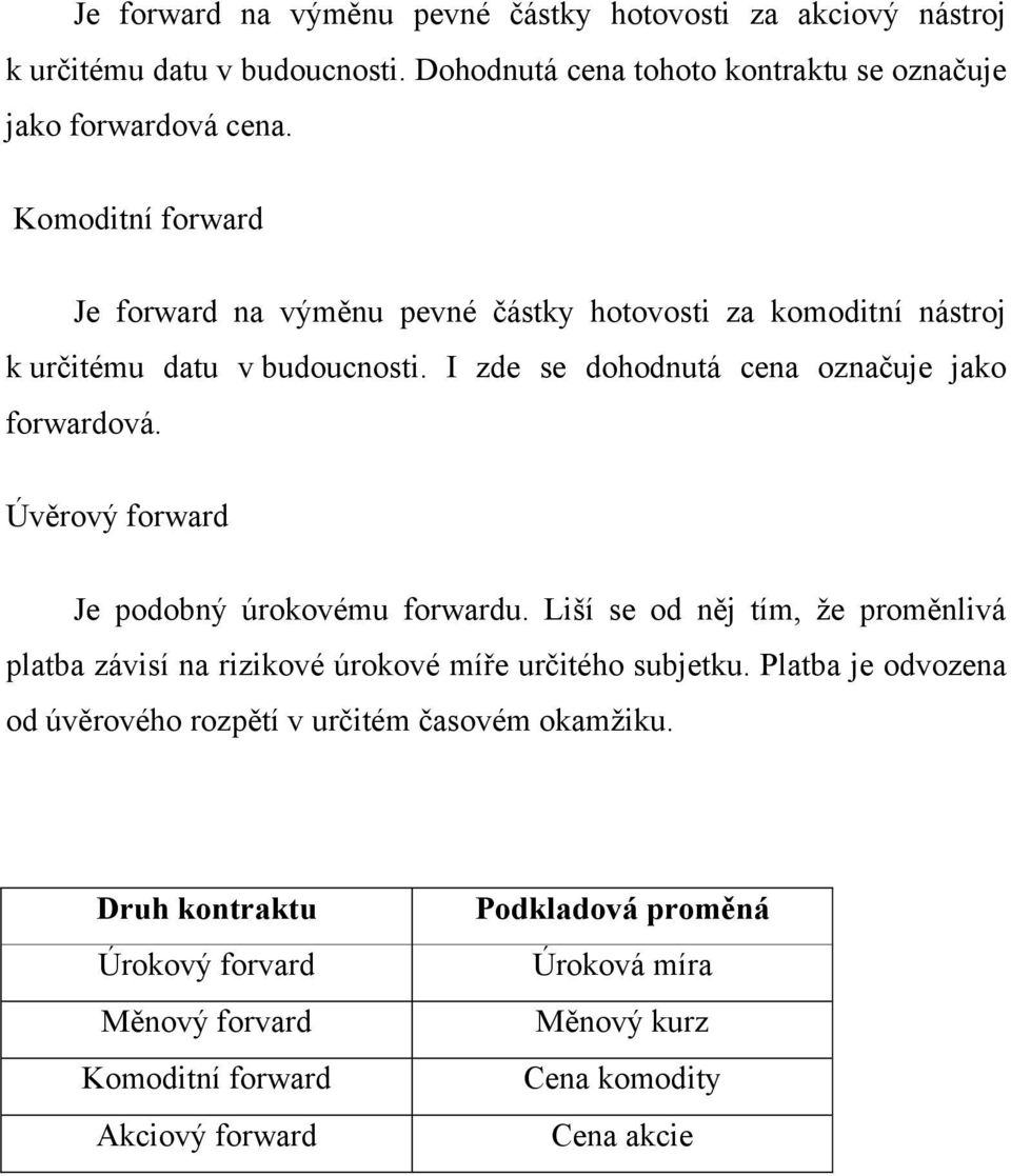 Úvěrový forward Je podobný úrokovému forwardu. Liší se od něj tím, že proměnlivá platba závisí na rizikové úrokové míře určitého subjetku.