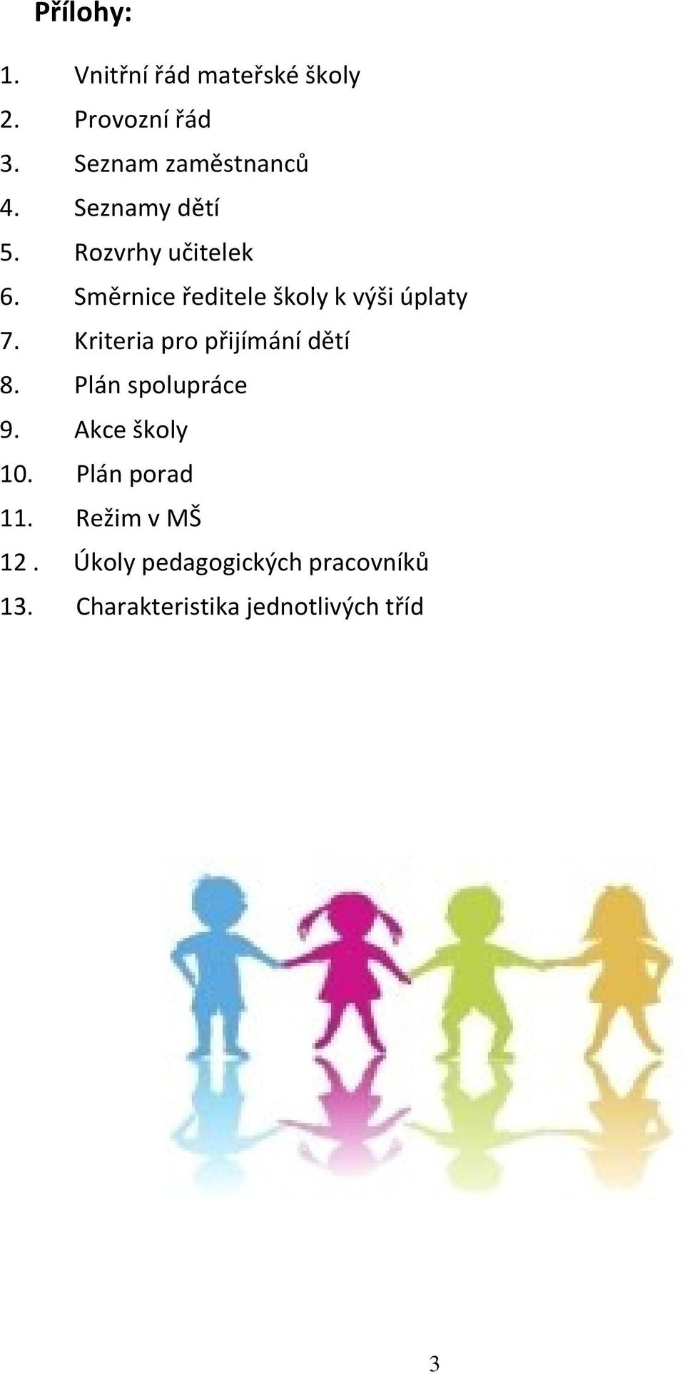 Kriteria pro přijímání dětí 8. Plán spolupráce 9. Akce školy 10. Plán porad 11.