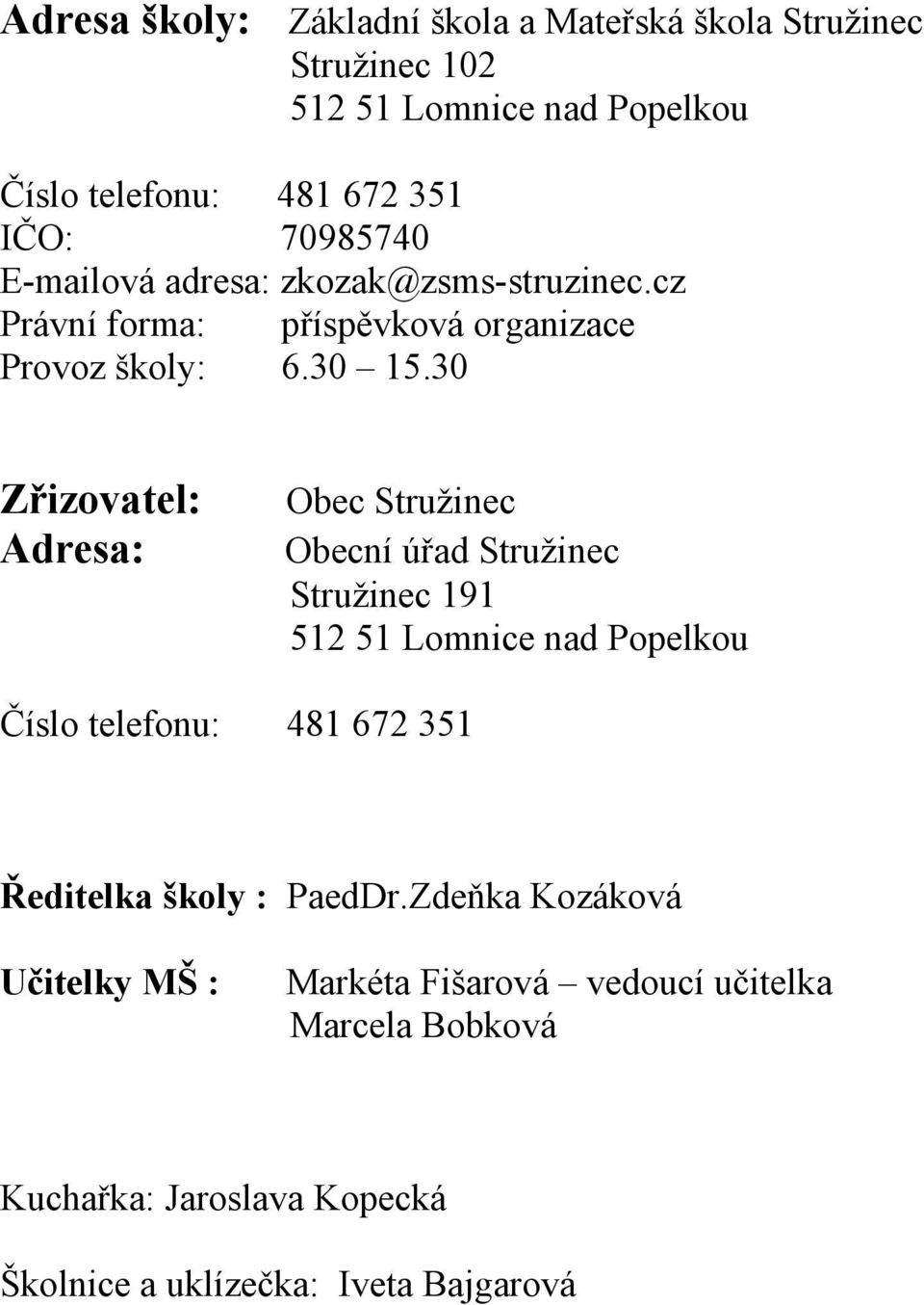 30 Zřizovatel: Adresa: Obec Stružinec Obecní úřad Stružinec Stružinec 191 512 51 Lomnice nad Popelkou Číslo telefonu: 481 672 351