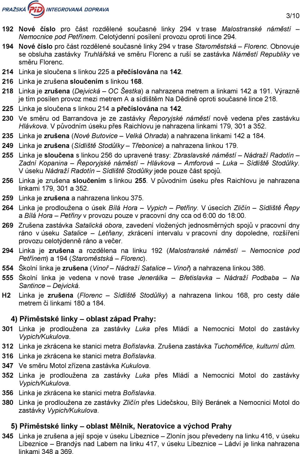 214 Linka je sloučena s linkou 225 a přečíslována na. 216 Linka je zrušena sloučením s linkou. 218 Linka je zrušena (Dejvická OC Šestka) a nahrazena metrem a linkami a.