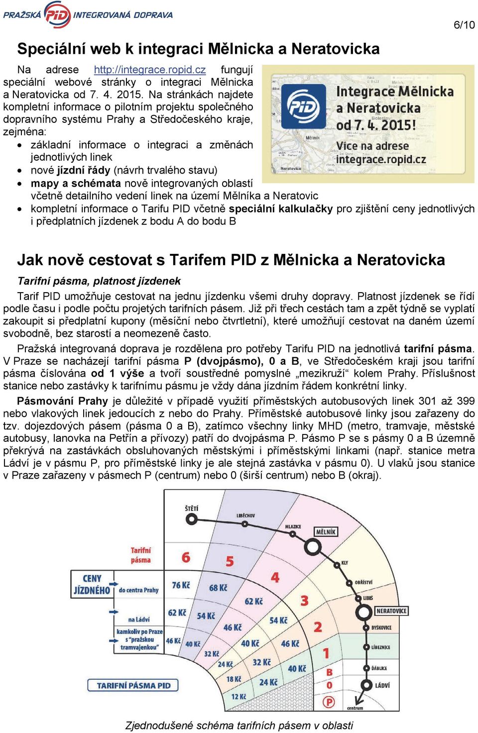 jízdní řády (návrh trvalého stavu) mapy a schémata nově integrovaných oblastí včetně detailního vedení linek na území Mělníka a Neratovic kompletní informace o Tarifu PID včetně speciální kalkulačky