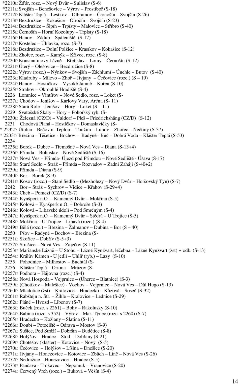 Šipín Trpísty Malovice Stříbro (S-40) *2215 Černošín Horní Kozolupy Trpísty (S-18) *2216 Hanov Zádub Spáleniště (S-17) *2217 Kostelec Úhlavka, rozc.
