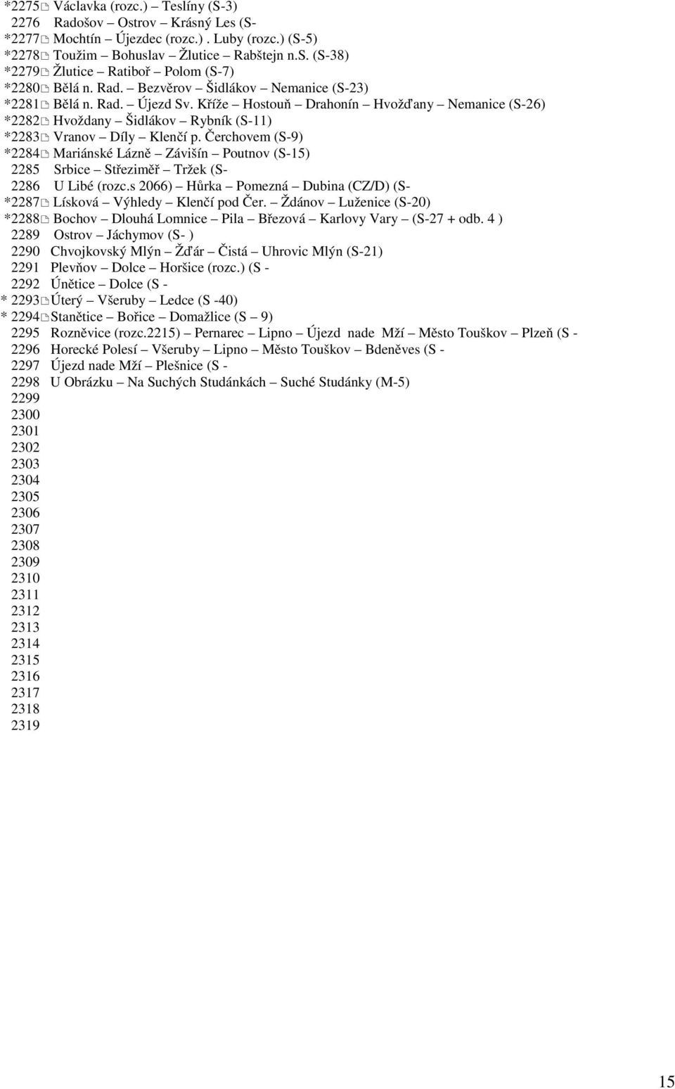 Čerchovem (S-9) *2284 Mariánské Lázně Závišín Poutnov (S-15) 2285 Srbice Střeziměř Tržek (S- 2286 U Libé (rozc.s 2066) Hůrka Pomezná Dubina (CZ/D) (S- *2287 Lísková Výhledy Klenčí pod Čer.
