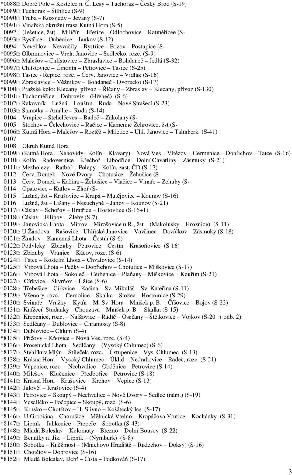Ratměřicee (S- *0093 Bystřice Ouběnice Jankov (S-12) 0094 Neveklov Nesvačily Bystřice Pozov Postupice (S- *0095 Olbramovice Vrch. Janovice Sedlečko, rozc.