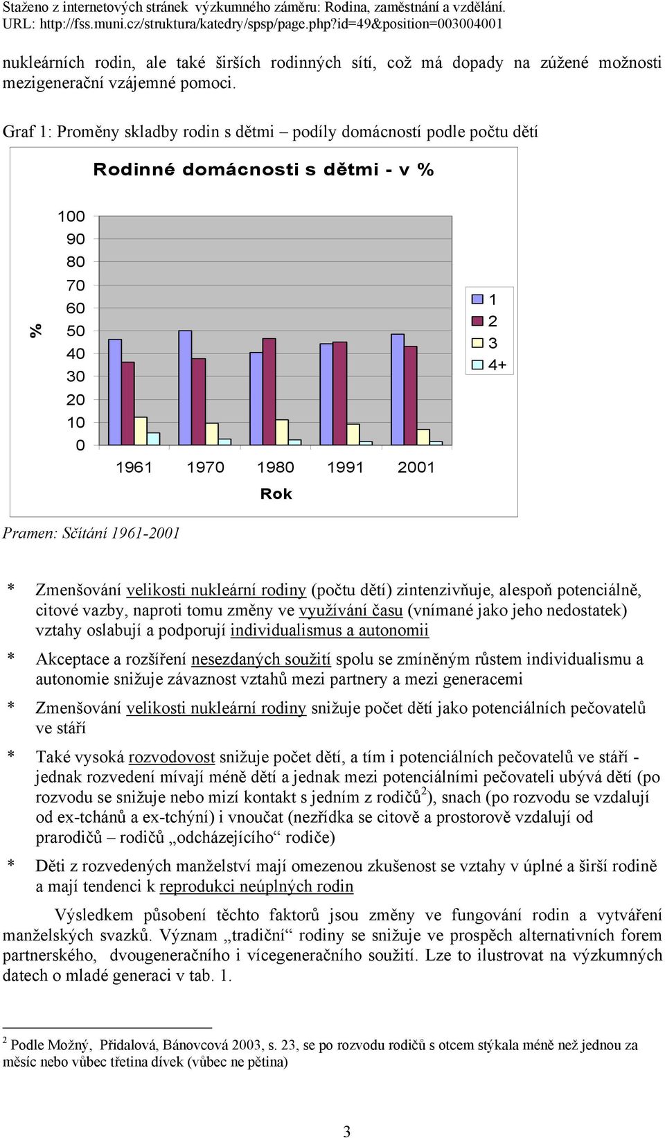 1961-2001 * Zmenšování velikosti nukleární rodiny (počtu dětí) zintenzivňuje, alespoň potenciálně, citové vazby, naproti tomu změny ve využívání času (vnímané jako jeho nedostatek) vztahy oslabují a