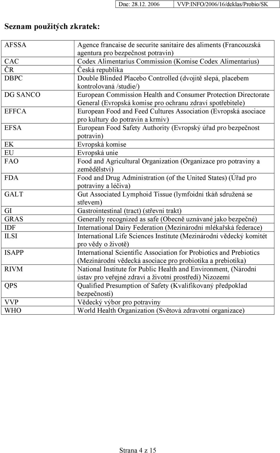 Commission Health and Consumer Protection Directorate General (Evropská komise pro ochranu zdraví spotřebitele) European Food and Feed Cultures Association (Evropská asociace pro kultury do potravin