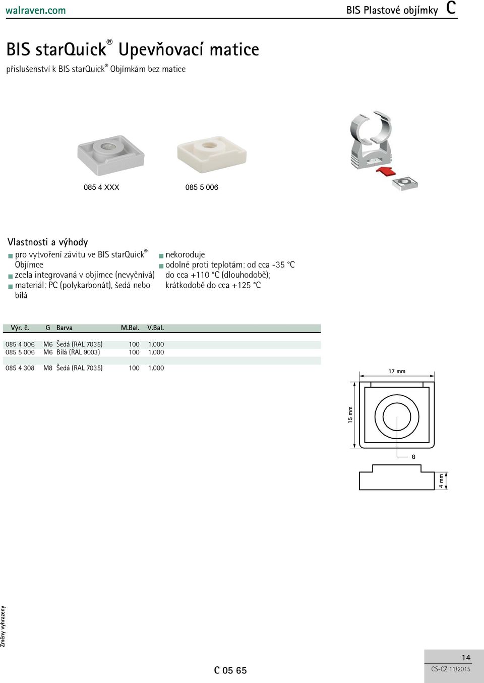 cca +110 C (dlouhodobě); materiál: PC (polykarbonát), šedá nebo krátkodobě do cca +125 C bílá Výr. č. G Barva M.Bal.