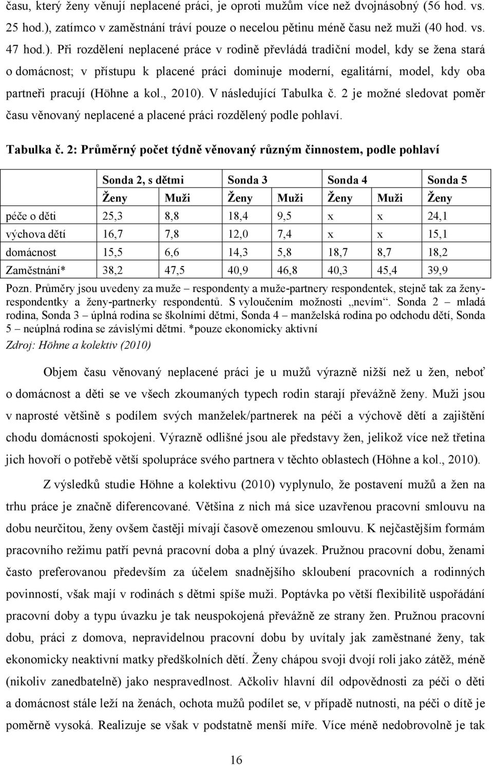 Při rozdělení neplacené práce v rodině převládá tradiční model, kdy se žena stará o domácnost; v přístupu k placené práci dominuje moderní, egalitární, model, kdy oba partneři pracují (Höhne a kol.