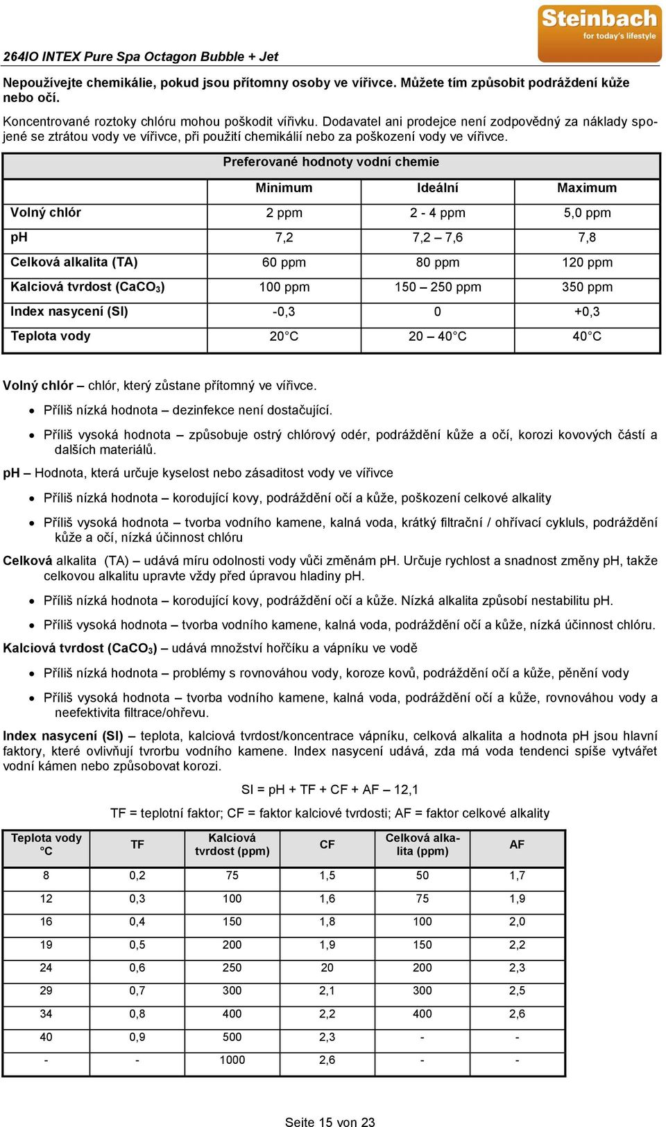 Preferované hodnoty vodní chemie Minimum Ideální Maximum Volný chlór 2 ppm 2-4 ppm 5,0 ppm ph 7,2 7,2 7,6 7,8 Celková alkalita (TA) 60 ppm 80 ppm 120 ppm Kalciová tvrdost (CaCO 3) 100 ppm 150 250 ppm