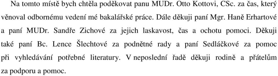 Haně Erhartové a paní MUDr. Sandře Zichové za jejich laskavost, čas a ochotu pomoci.