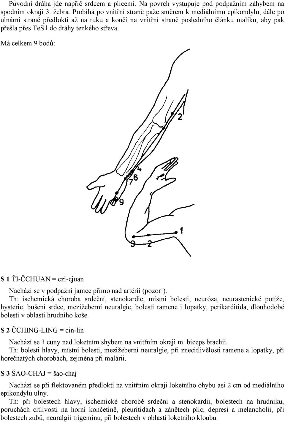 tenkého střeva. Má celkem 9 bodů: S 1 ŤI-ČCHÚAN = czi-cjuan Nachází se v podpažní jamce přímo nad artérií (pozor!).