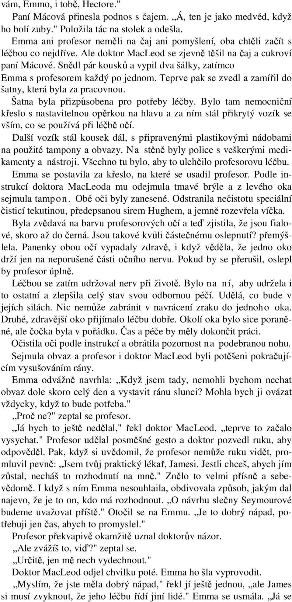 Snědl pár kousků a vypil dva šálky, zatímco Emma s profesorem každý po jednom. Teprve pak se zvedl a zamířil do šatny, která byla za pracovnou. Šatna byla přizpůsobena pro potřeby léčby.