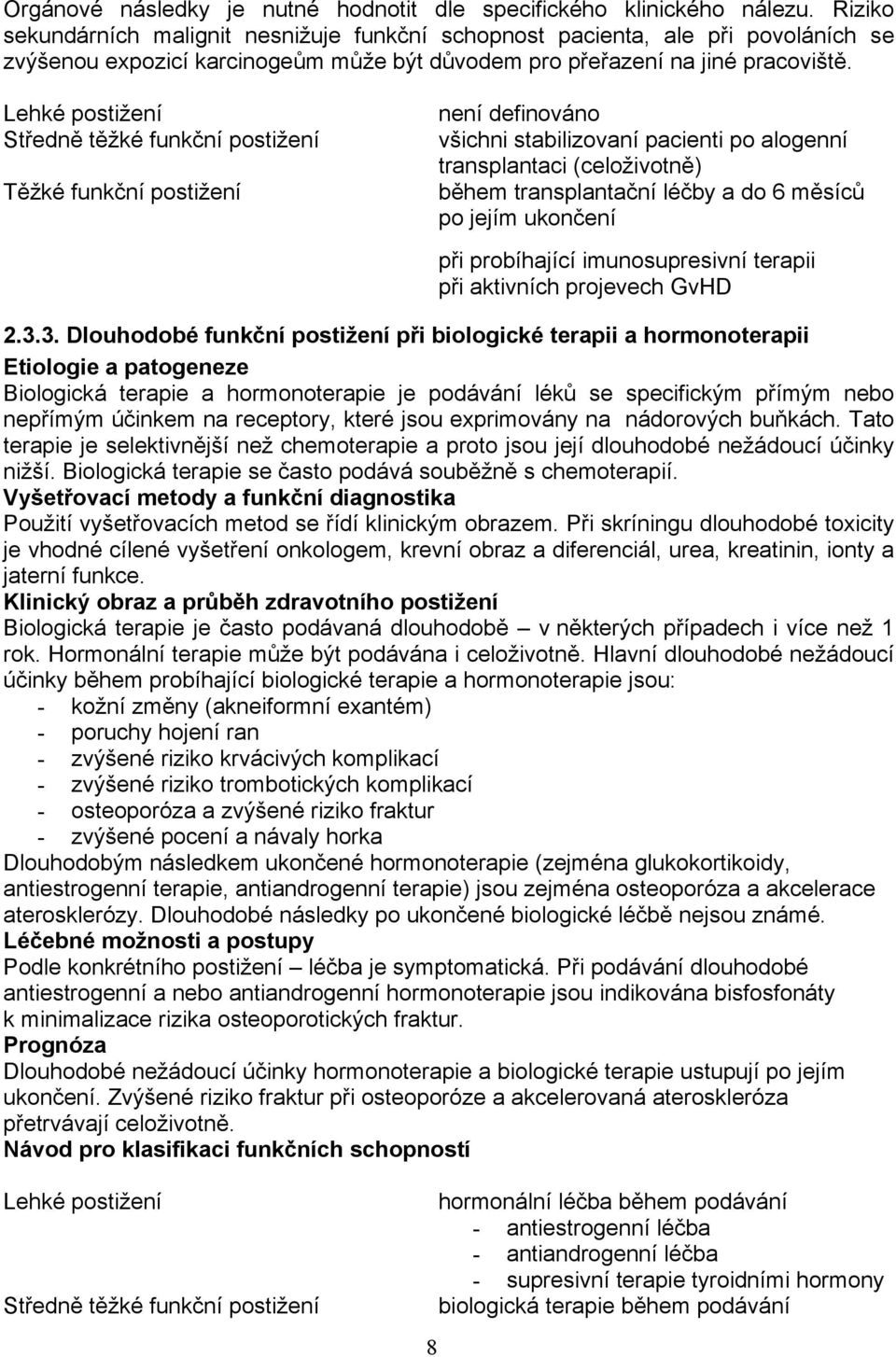 Lehké postižení Středně těžké funkční postižení Těžké funkční postižení není definováno všichni stabilizovaní pacienti po alogenní transplantaci (celoživotně) během transplantační léčby a do 6 měsíců