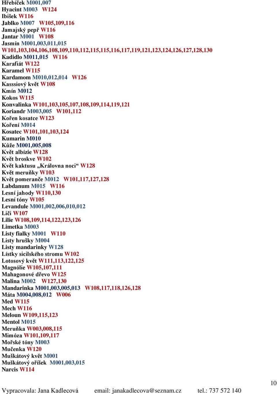 Konvalinka W101,103,105,107,108,109,114,119,121 Koriandr M003,005 W101,112 Kořen kosatce W123 Koření M014 Kosatec W101,101,103,124 Kumarin M010 Kůže M001,005,008 Květ albízie W128 Květ broskve W102