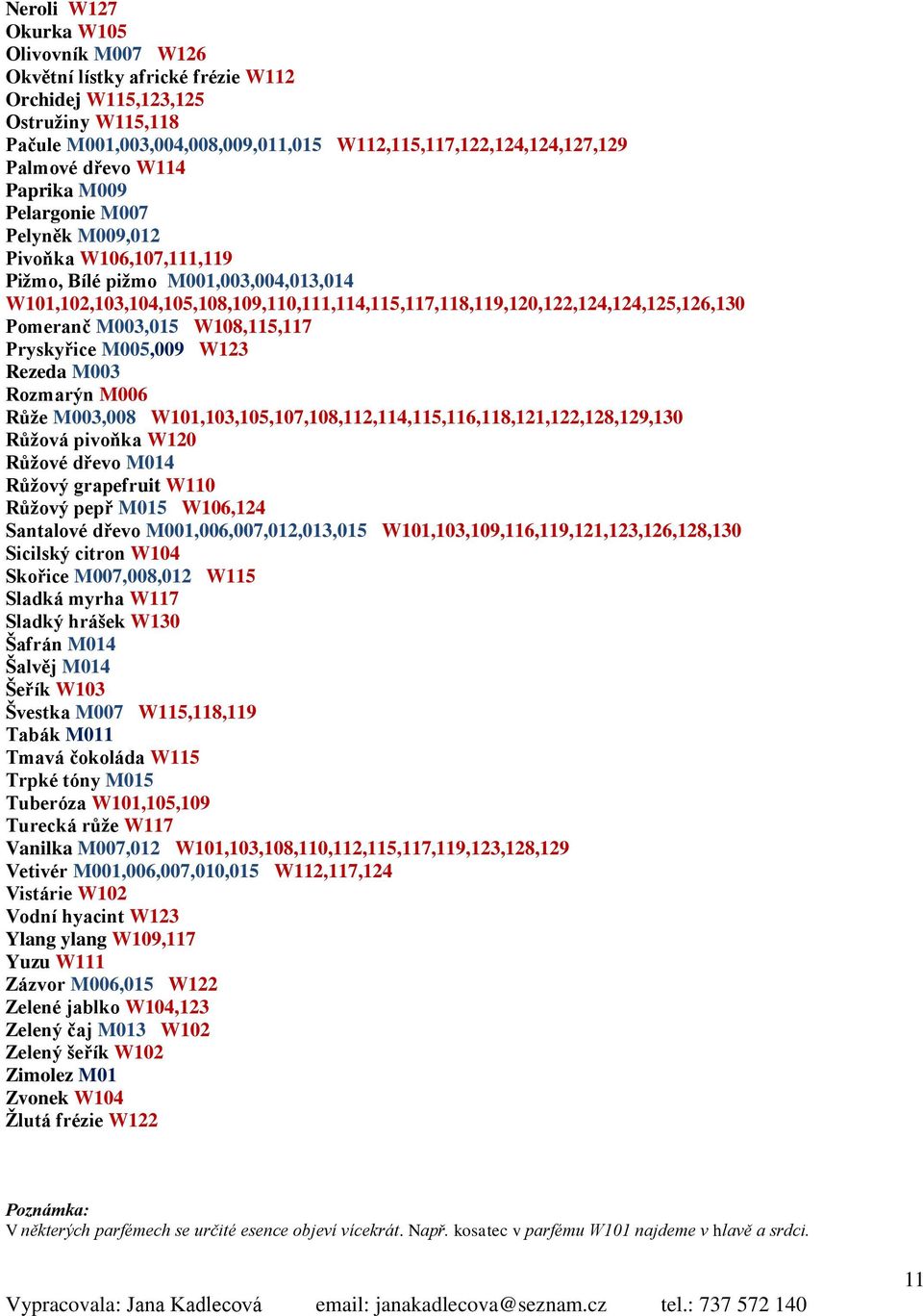 W101,102,103,104,105,108,109,110,111,114,115,117,118,119,120,122,124,124,125,126,130 Pomeranč M003,015 W108,115,117 Pryskyřice M005,009 W123 Rezeda M003 Rozmarýn M006 Růže M003,008