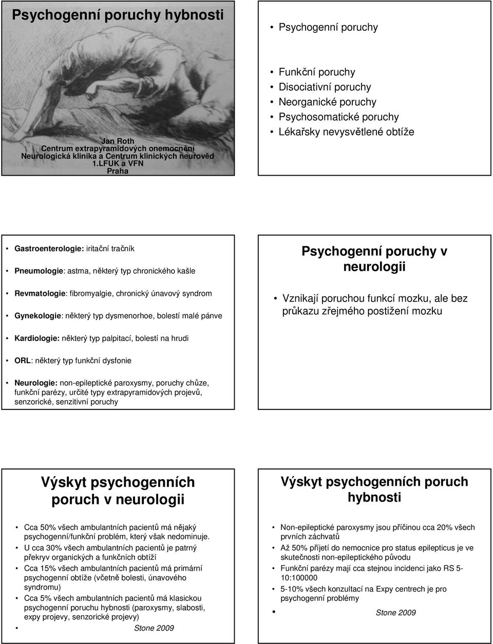 chronického kašle Psychogenní poruchy v neurologii Revmatologie: fibromyalgie, chronický únavový syndrom Gynekologie: některý typ dysmenorhoe, bolestí malé pánve Vznikají poruchou funkcí mozku, ale