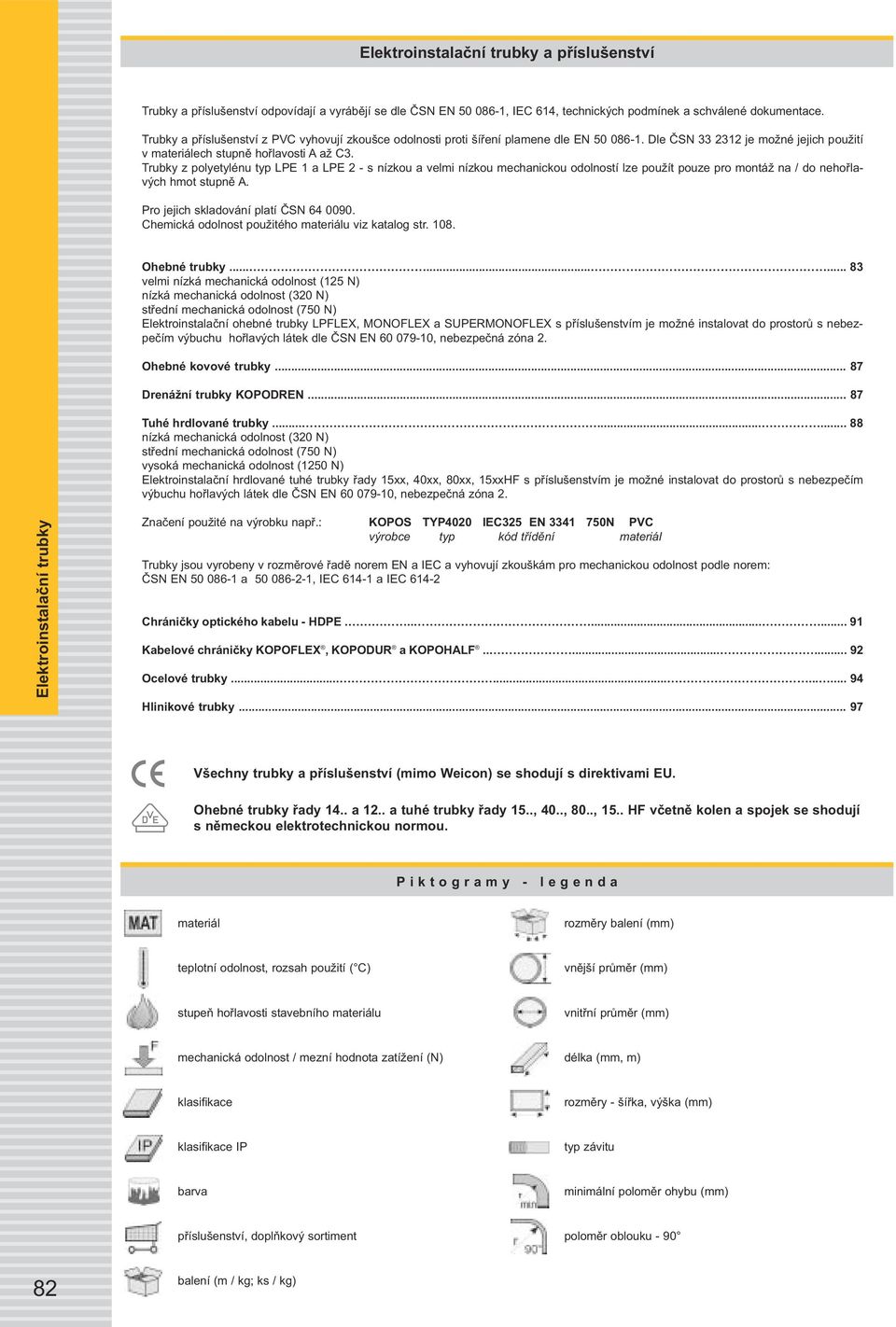 Trubky z polyetylénu typ LPE 1 a LPE 2 - s nízkou a velmi nízkou mechanickou odolností lze použít pouze pro montáž na / do nehořlavých hmot stupně A. Pro jejich skladování platí ČSN 64 0090.