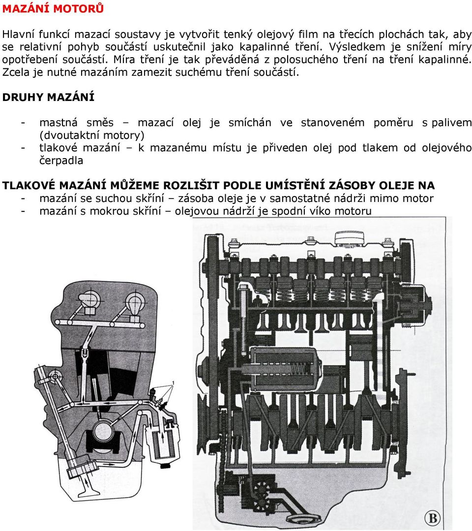 DRUHY MAZÁNÍ - mastná směs mazací olej je smíchán ve stanoveném poměru s palivem (dvoutaktní motory) - tlakové mazání k mazanému místu je přiveden olej pod tlakem od olejového