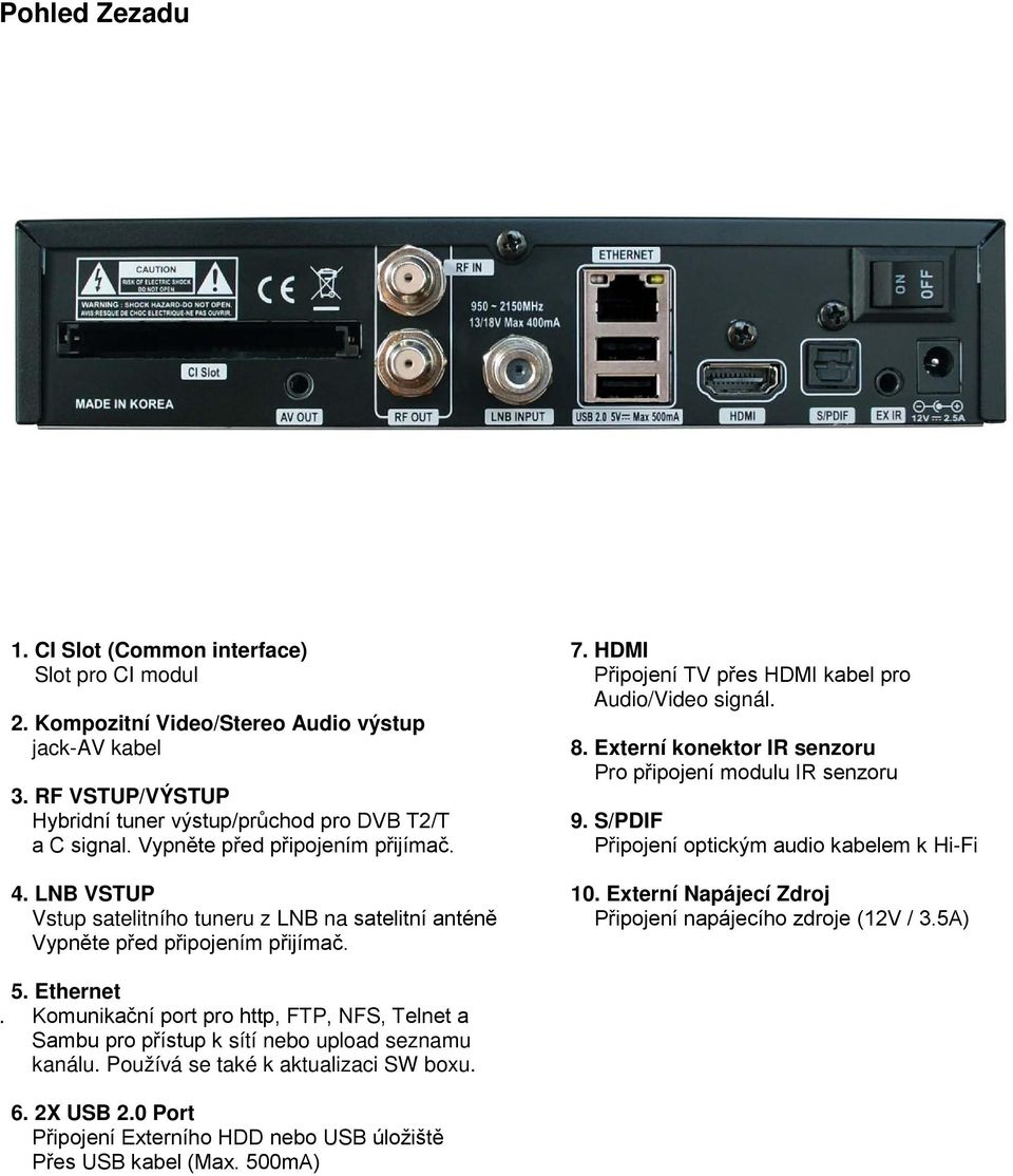 S/PDIF Připojení optickým audio kabelem k Hi-Fi 4. LNB VSTUP 10. Externí Napájecí Zdroj Vstup satelitního tuneru z LNB na satelitní anténě Připojení napájecího zdroje (12V / 3.