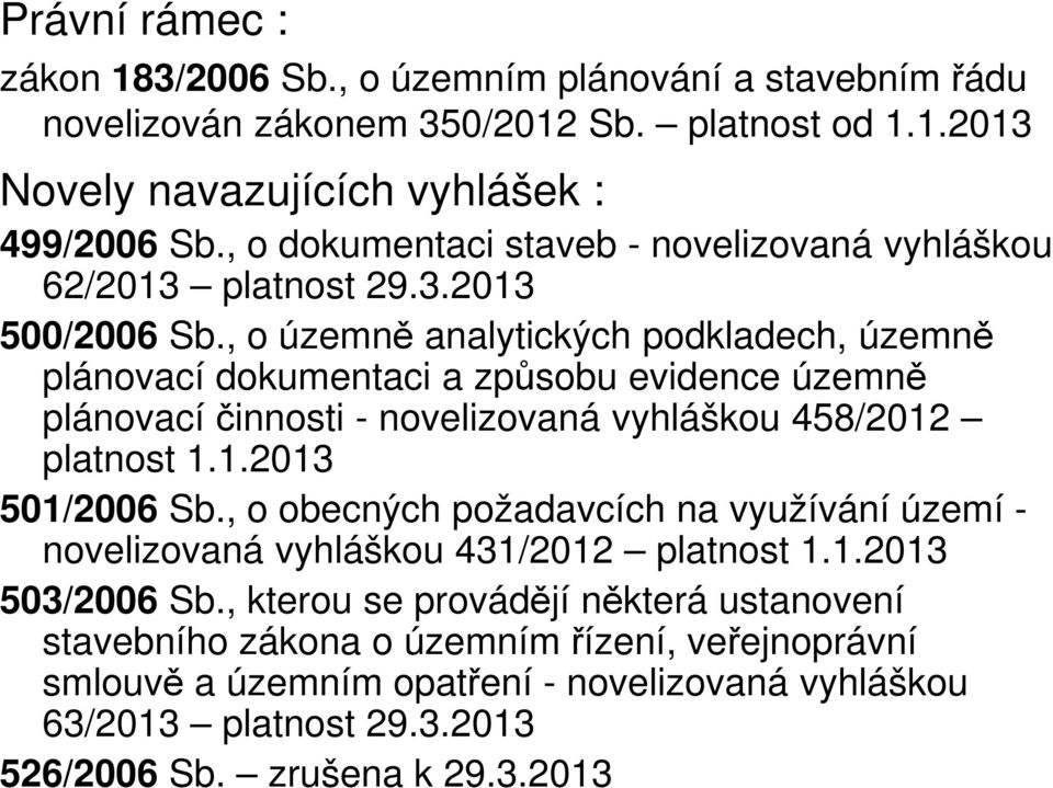 , o územně analytických podkladech, územně plánovací dokumentaci a způsobu evidence územně plánovací činnosti - novelizovaná vyhláškou 458/2012 platnost 1.1.2013 501/2006 Sb.