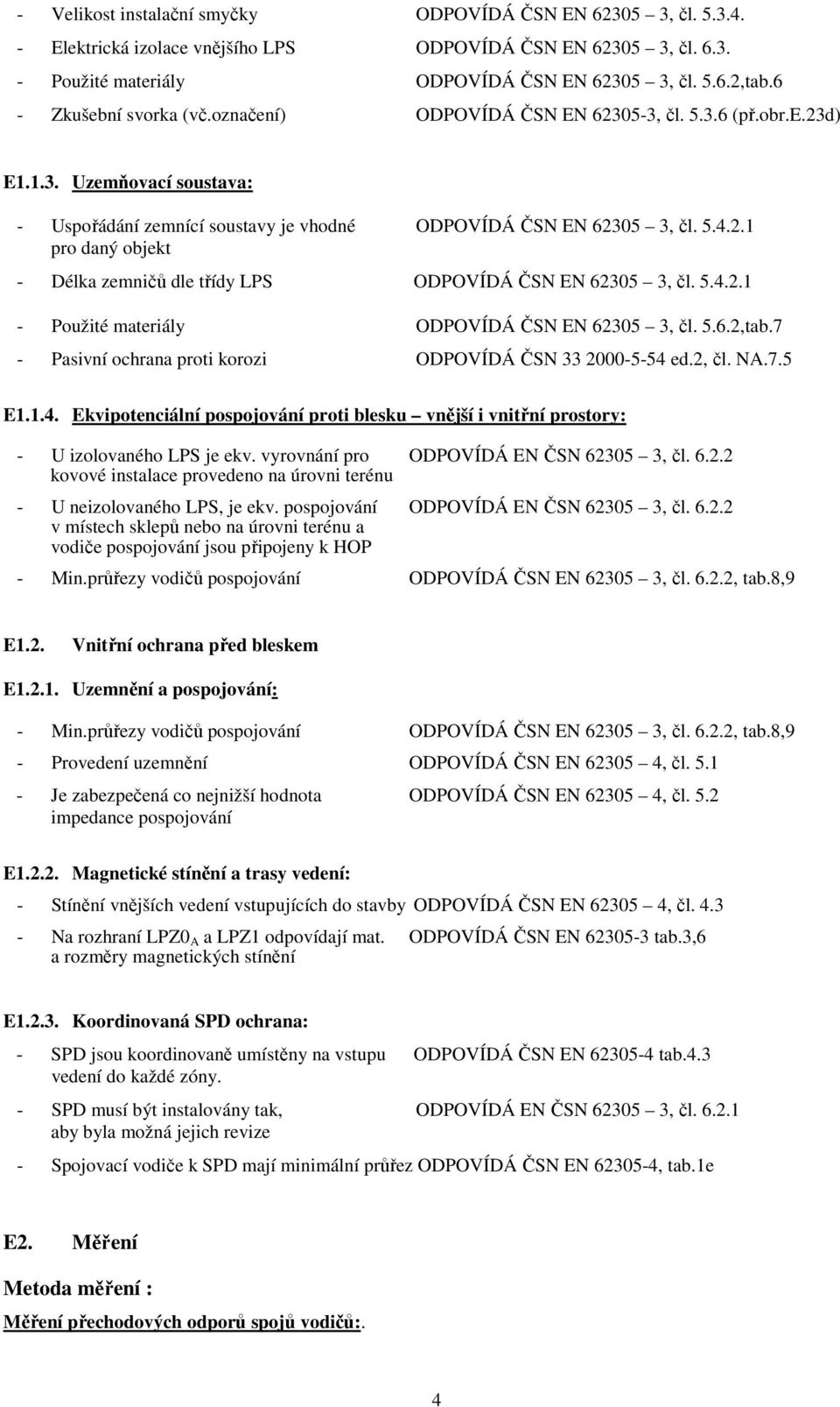 5.4.2.1 - Použité materiály ODPOVÍDÁ ČSN EN 62305 3, čl. 5.6.2,tab.7 - Pasivní ochrana proti korozi ODPOVÍDÁ ČSN 33 2000-5-54 ed.2, čl. NA.7.5 E1.1.4. Ekvipotenciální pospojování proti blesku vnější i vnitřní prostory: - U izolovaného LPS je ekv.