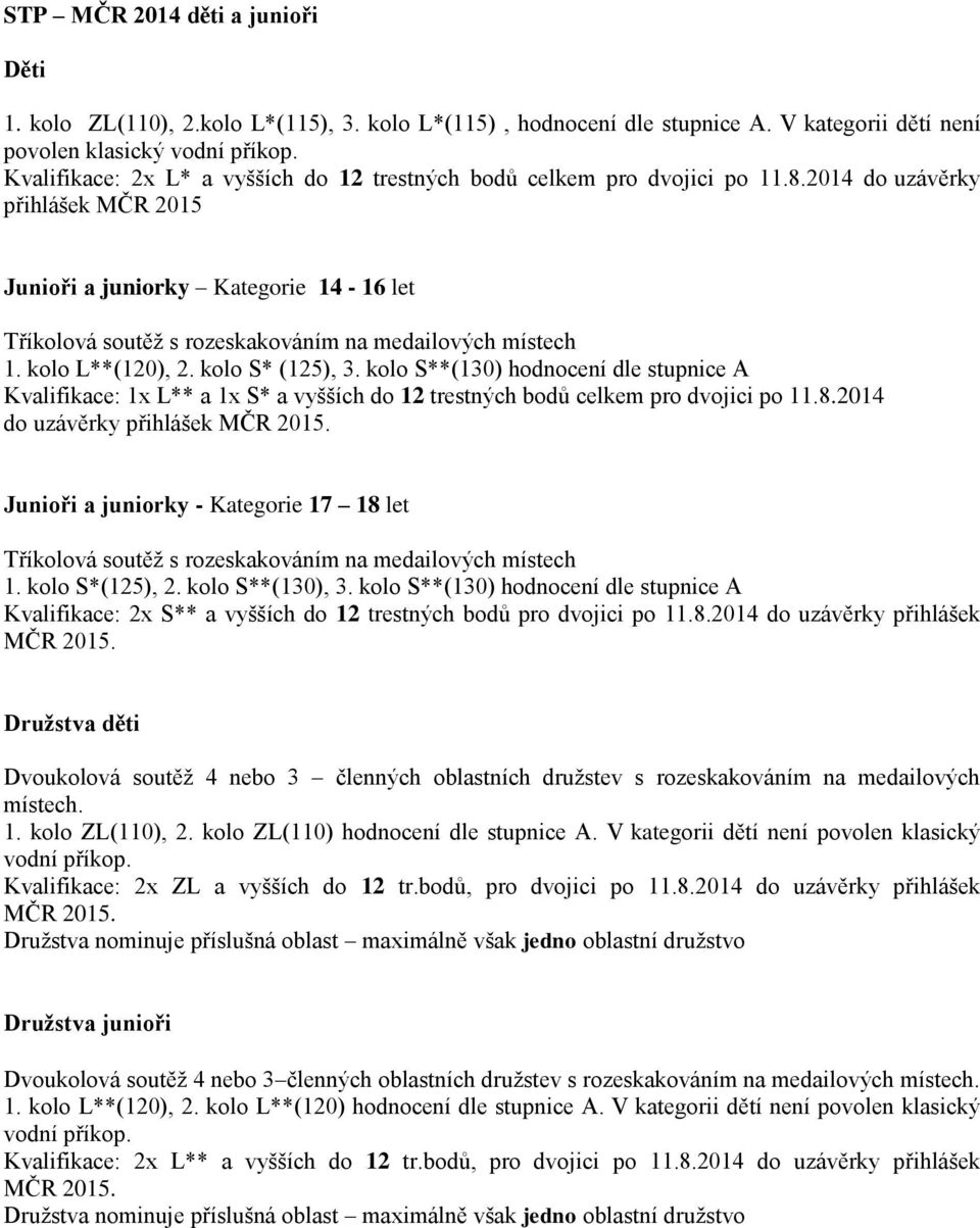 2014 do uzávěrky přihlášek MČR 2015 Junioři a juniorky Kategorie 14-16 let Tříkolová soutěž s rozeskakováním na medailových místech 1. kolo L**(120), 2. kolo S* (125), 3.