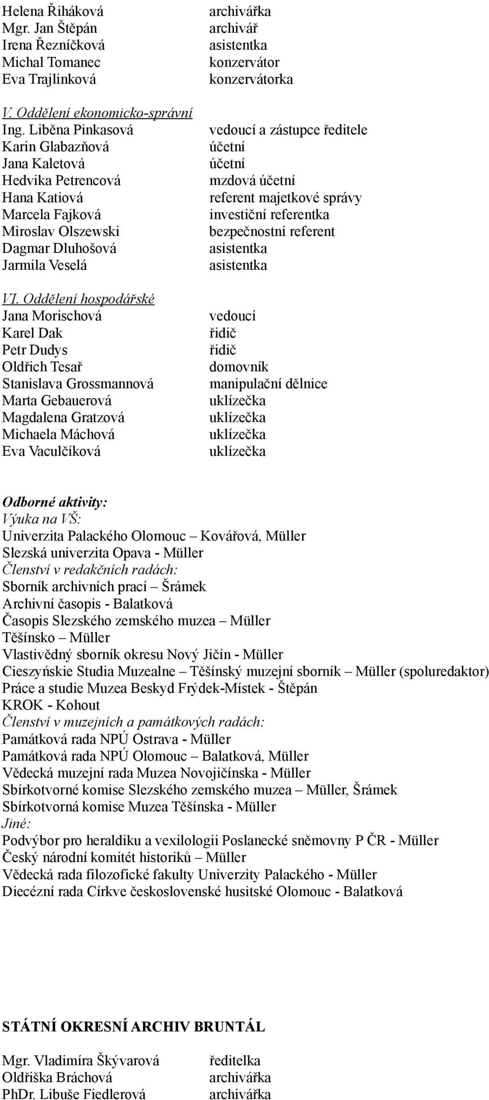 Oddělení hospodářské Jana Morischová Karel Dak Petr Dudys Oldřich Tesař Stanislava Grossmannová Marta Gebauerová Magdalena Gratzová Michaela Máchová Eva Vaculčíková archivář asistentka konzervátor