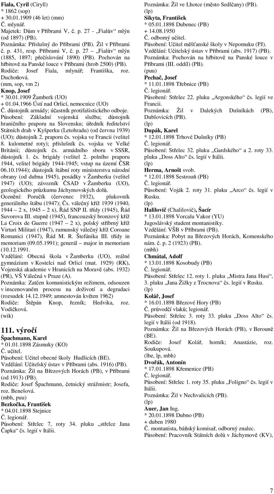 (mm, sop, vm 2) Knop, Josef * 30.01.1909 Žamberk (UO) + 01.04.1966 Ústí nad Orlicí, nemocnice (UO) Č. důstojník armády; účastník protifašistického odboje.