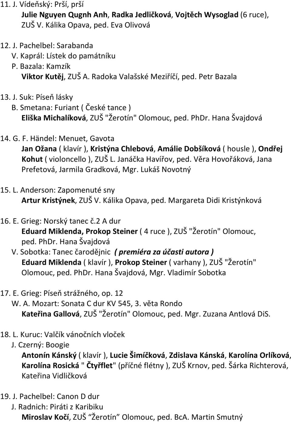 Hana Švajdová 14. G. F. Händel: Menuet, Gavota Jan Ožana ( klavír ), Kristýna Chlebová, Amálie Dobšíková ( housle ), Ondřej Kohut ( violoncello ), ZUŠ L. Janáčka Havířov, ped.