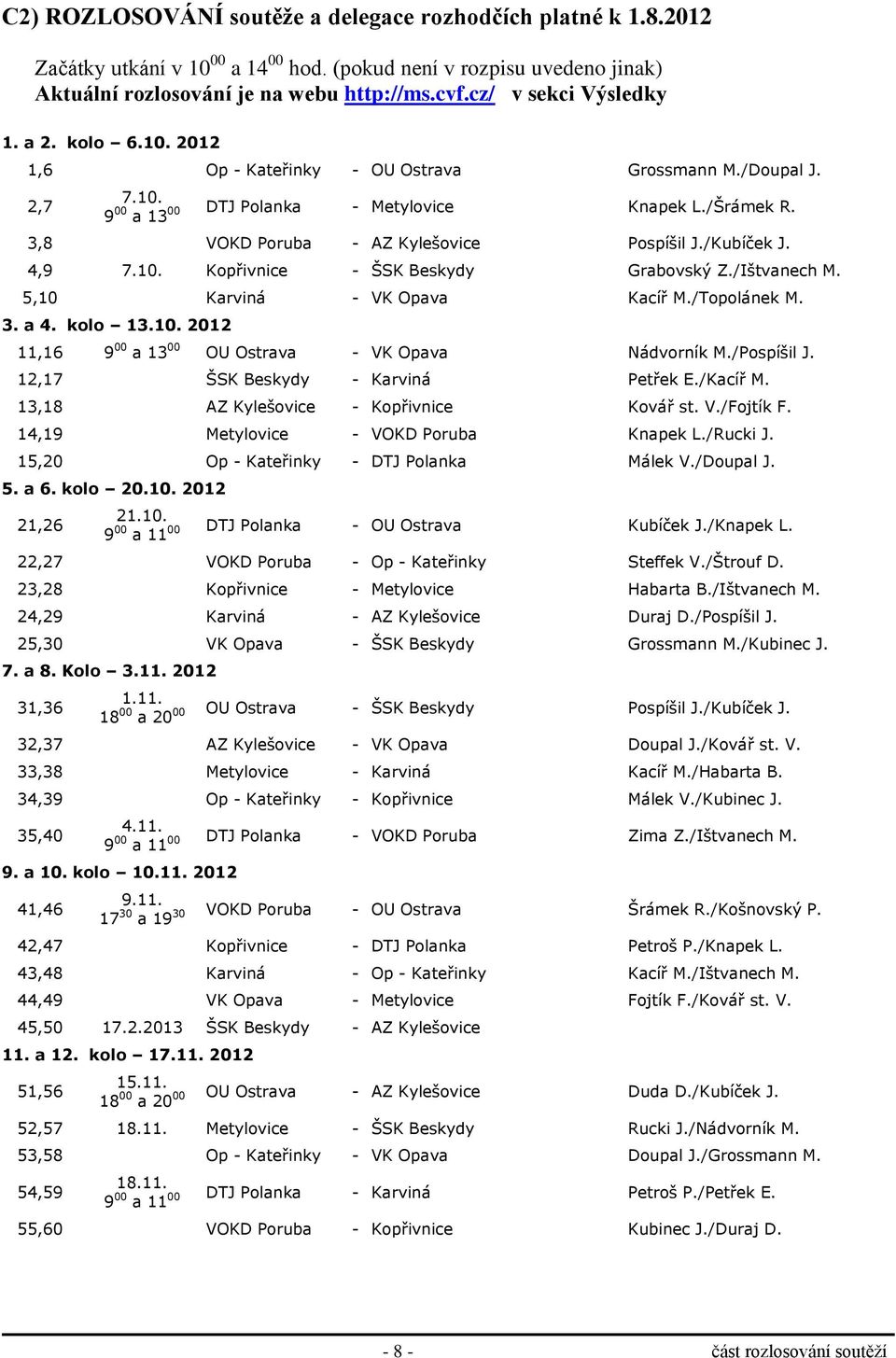 3,8 VOKD Poruba - AZ Kylešovice Pospíšil J./Kubíček J. 4,9 7.10. Kopřivnice - ŠSK Beskydy Grabovský Z./Ištvanech M. 5,10 Karviná - VK Opava Kacíř M./Topolánek M. 3. a 4. kolo 13.10. 2012 11,16 9 00 a 13 00 OU Ostrava - VK Opava Nádvorník M.