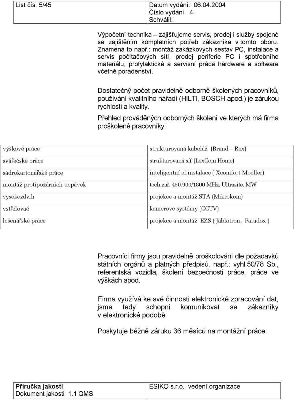 Dostatečný počet pravidelně odborně školených pracovníků, používání kvalitního nářadí (HILTI, BOSCH apod.) je zárukou rychlosti a kvality.