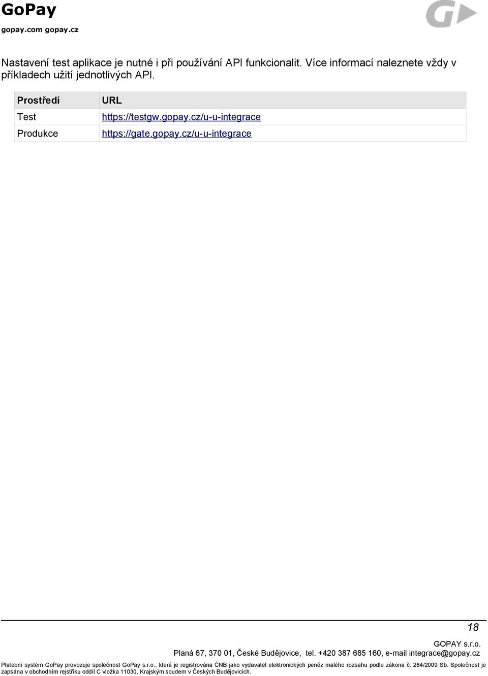 Prostředí Test Produkce URL https://testgw.gopay.cz/u-u-integrace https://gate.