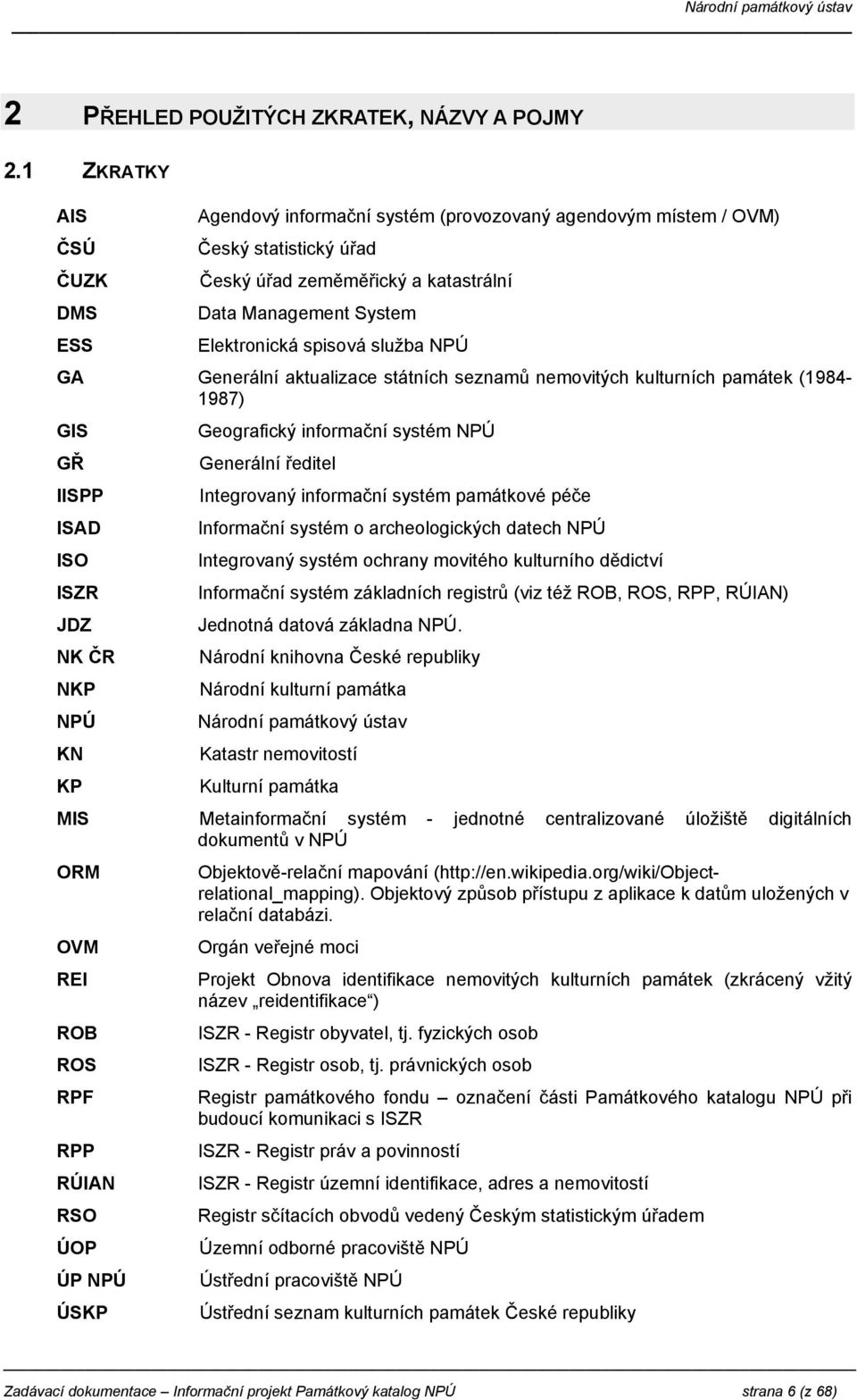 služba NPÚ GA Generální aktualizace státních seznamů nemovitých kulturních památek (1984-1987) GIS GŘ IISPP ISAD ISO ISZR JDZ NK ČR NKP NPÚ KN KP Geografický informační systém NPÚ Generální ředitel