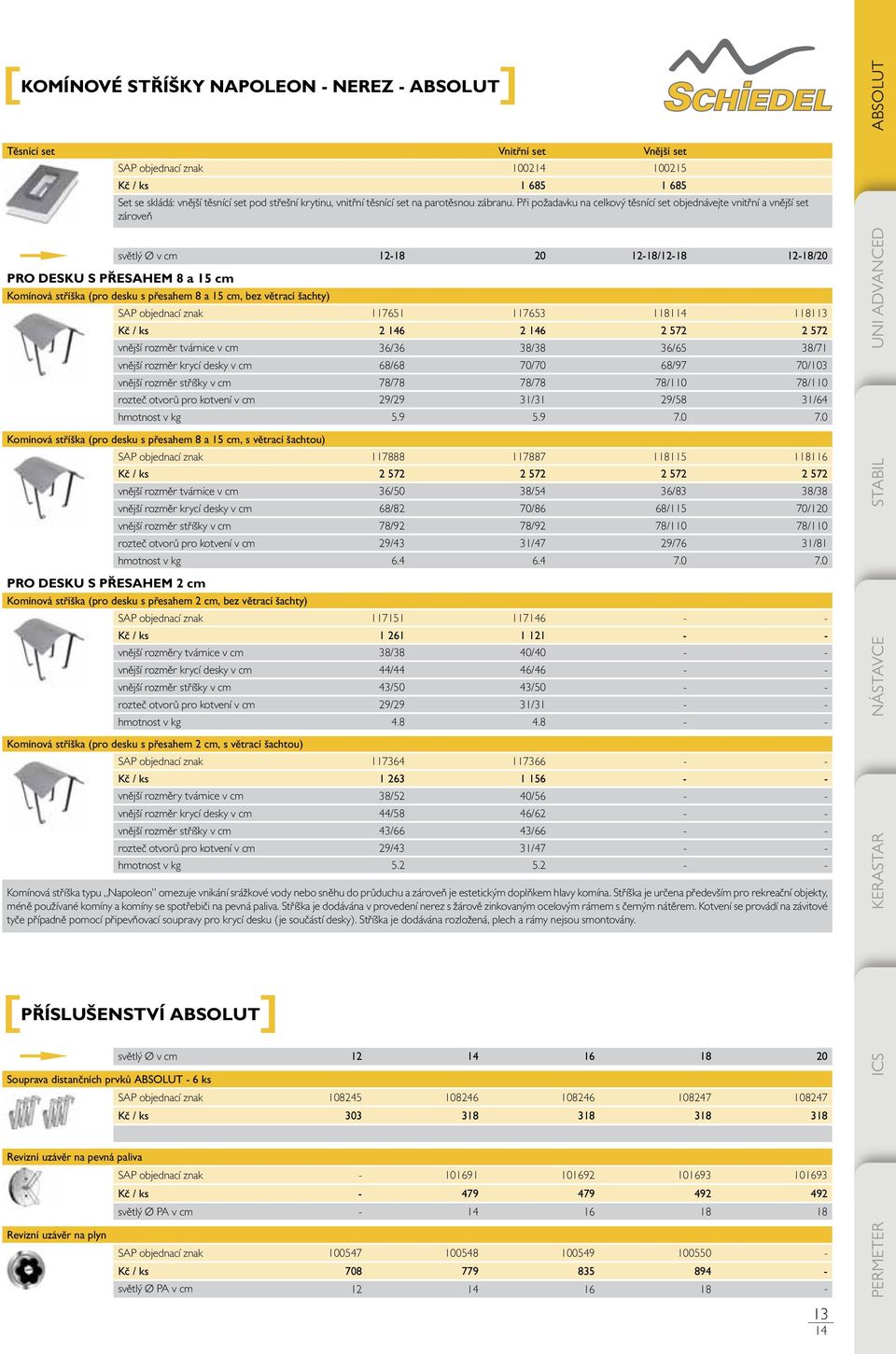 Při požadavku na celkový těsnící set objednávejte vnitřní a vnější set zároveň světlý Ø v cm 12-18 20 12-18/12-18 12-18/20 PRO DESKU S PŘESAHEM 8 a 15 cm Komínová stříška (pro desku s přesahem 8 a 15