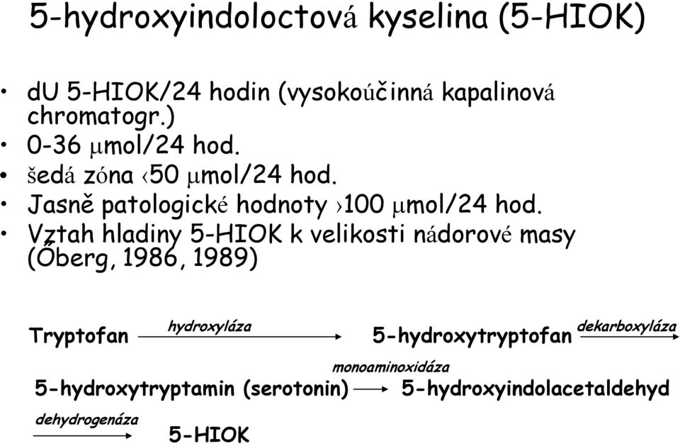 Vztah hladiny 5-HIOK k velikosti nádorové masy (Őberg, 1986, 1989) Tryptofan 5-hydroxytryptamin