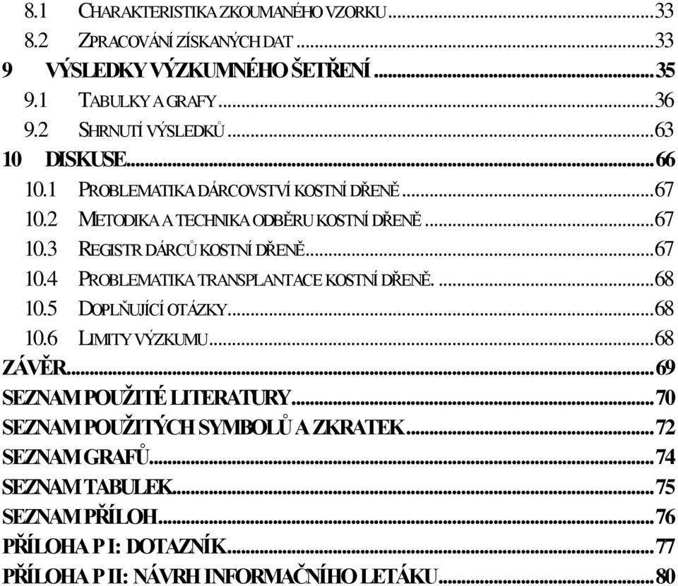 ... 68 10.5 DOPLŇUJÍCÍ OTÁZKY... 68 10.6 LIMITY VÝZKUMU... 68 ZÁVĚR... 69 SEZNAM POUŽITÉ LITERATURY... 70 SEZNAM POUŽITÝCH SYMBOLŮ A ZKRATEK... 72 SEZNAM GRAFŮ.