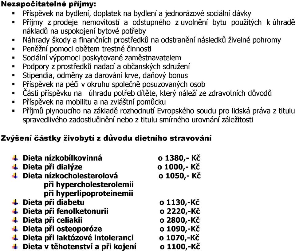 nadací a občanských sdružení Stipendia, odměny za darování krve, daňový bonus Příspěvek na péči v okruhu společně posuzovaných osob Části příspěvku na úhradu potřeb dítěte, který náleží ze