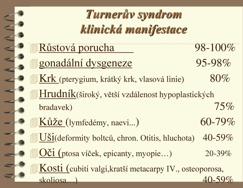 bradavek) 75% Kůže (lymfedémy, naevi...) 60-79% Uši(deformity boltců, chron.