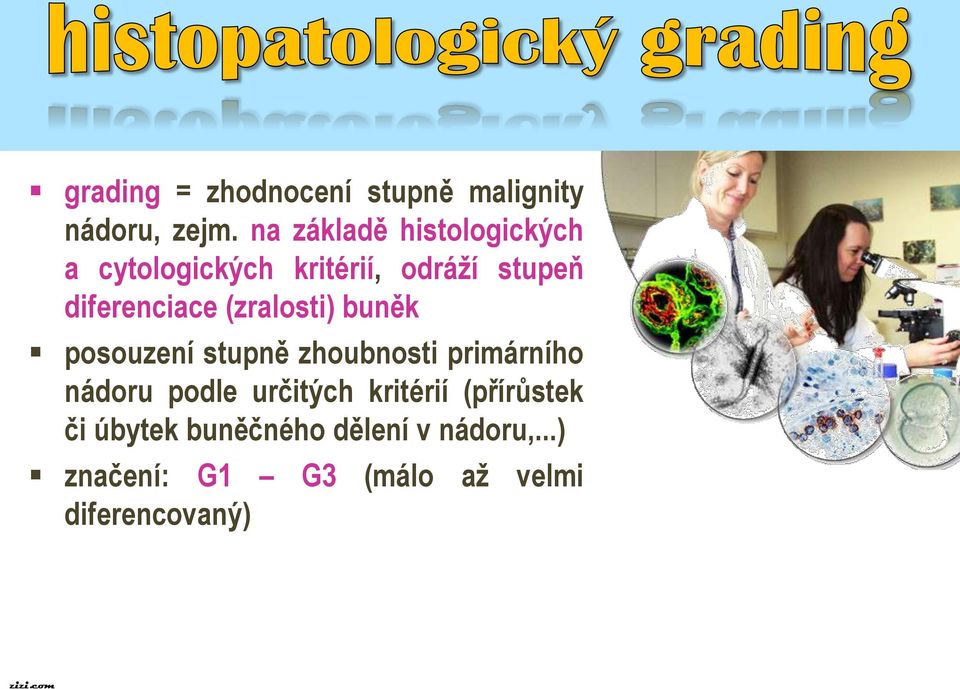 (zralosti) buněk posouzení stupně zhoubnosti primárního nádoru podle určitých