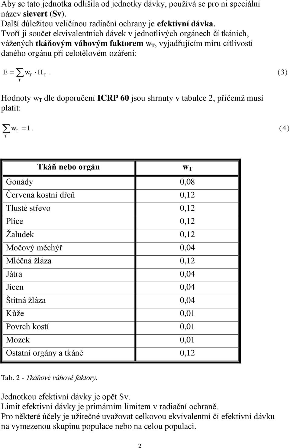 (3) Hodnoty w T dle doporučení ICRP 60 jsou shrnuty v tabulce 2, přičemţ musí platit: w T T 1.