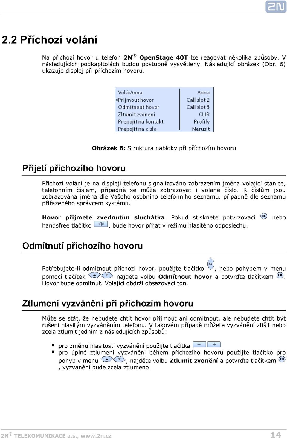 Obrázek 6: Struktura nabídky při příchozím hovoru Přijetí příchozího hovoru Příchozí volání je na displeji telefonu signalizováno zobrazením jména volající stanice, telefonním číslem, případně se