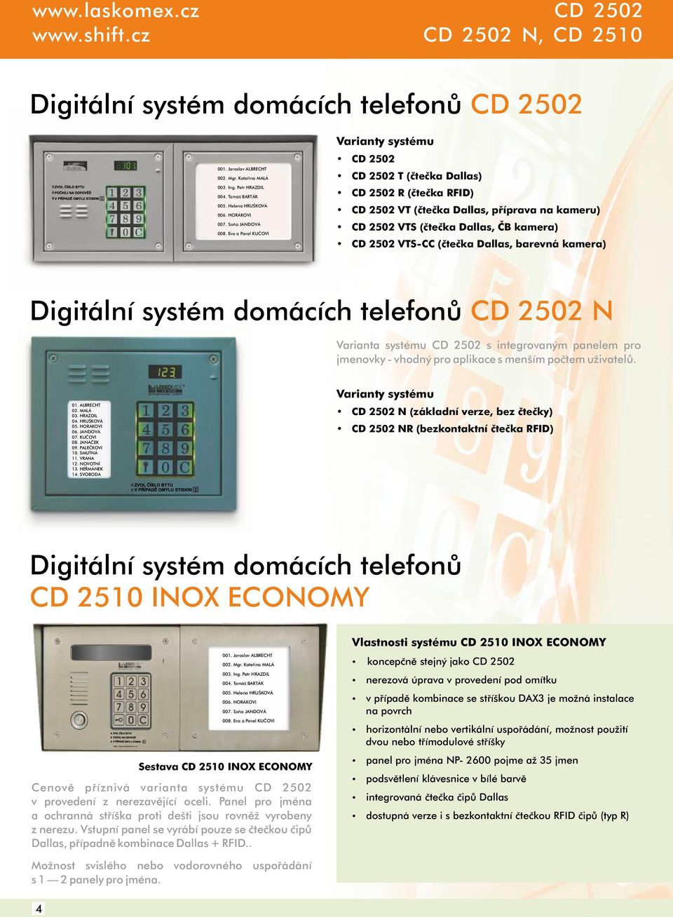 Eva a Pavel KUČOVI CD 50 T (čtečka Dallas) CD 50 R (čtečka RFID) CD 50 VT (čtečka Dallas, příprava na kameru) CD 50 VTS (čtečka Dallas, ČB kamera) CD 50 VTS-CC (čtečka Dallas, barevná kamera)