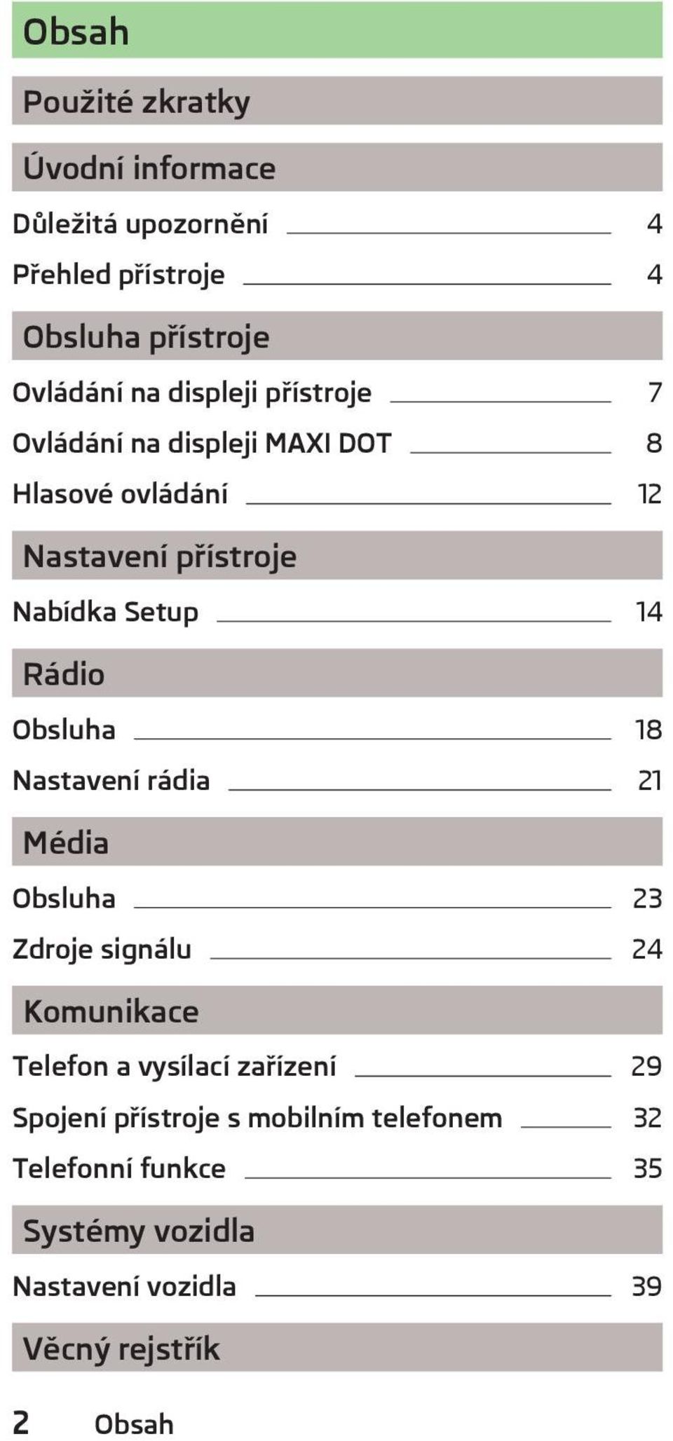 Rádio Obsluha 18 Nastavení rádia 21 Média Obsluha 23 Zdroje signálu 24 Komunikace Telefon a vysílací zařízení 29