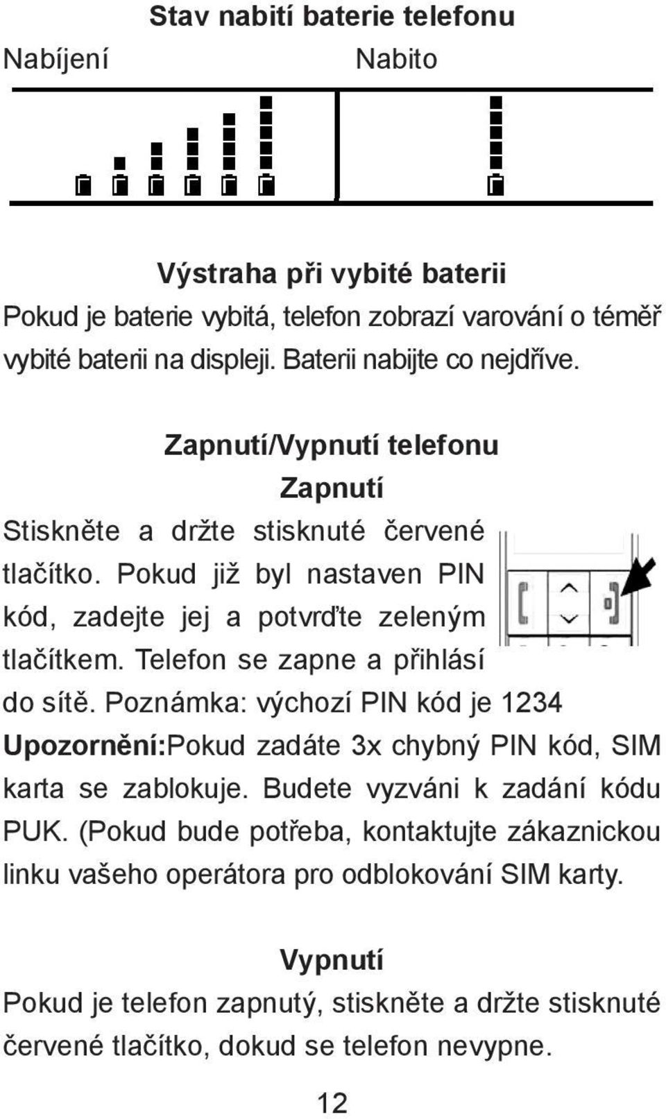 Pokud již byl nastaven PIN kód, zadejte jej a potvrďte zeleným tlačítkem. Telefon se zapne a přihlásí do sítě.