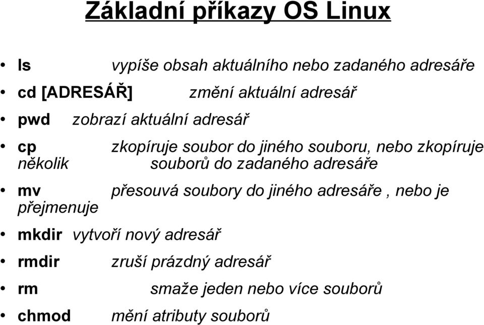 několik souborů do zadaného adresáře mv přesouvá soubory do jiného adresáře, nebo je přejmenuje mkdir