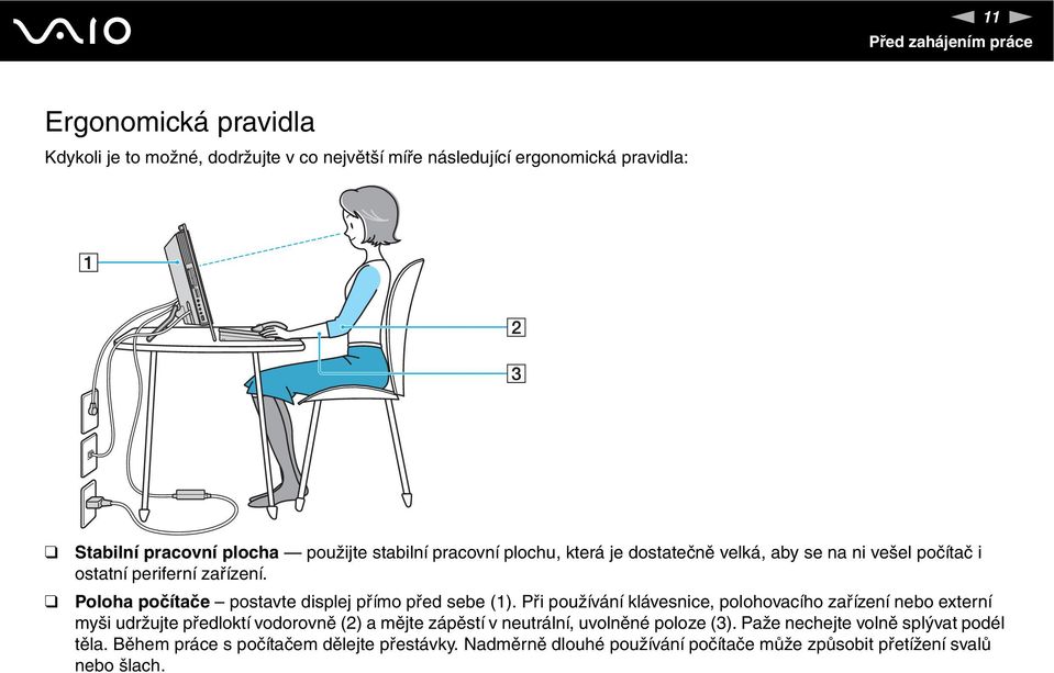 Poloha počítače postavte displej přímo před sebe (1).