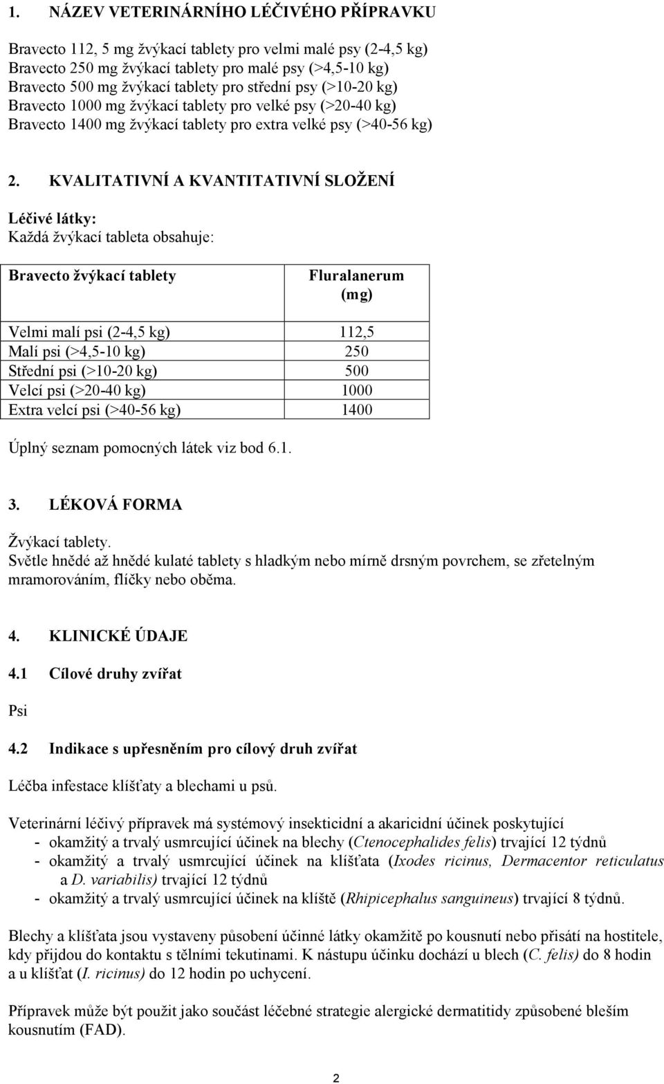 KVALITATIVNÍ A KVANTITATIVNÍ SLOŽENÍ Léčivé látky: Každá žvýkací tableta obsahuje: Bravecto žvýkací tablety (mg) Velmi malí psi (2-4,5 kg) 112,5 Malí psi (>4,5-10 kg) 250 Střední psi (>10-20 kg) 500