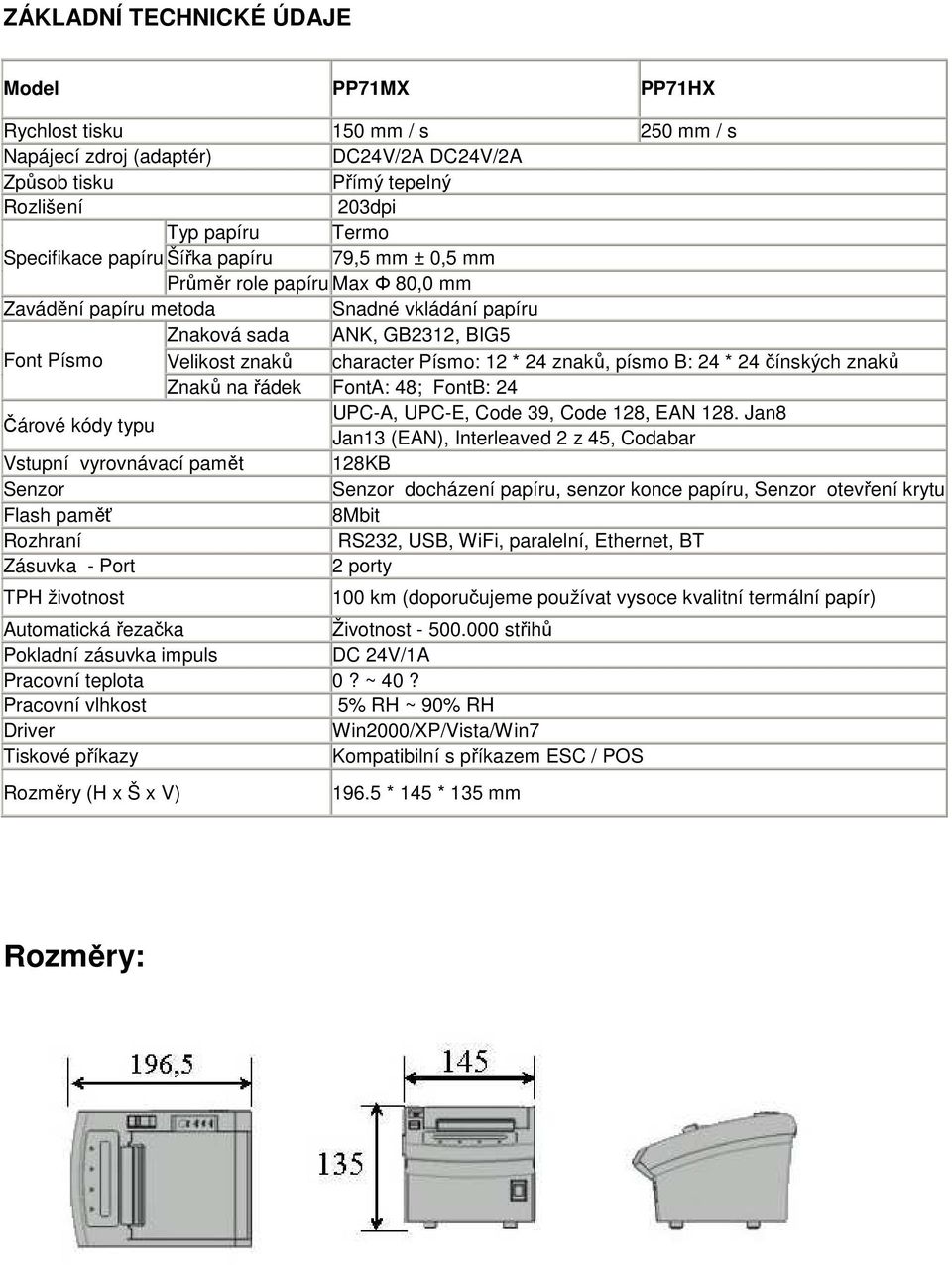 znaků, písmo B: 24 * 24 čínských znaků Znaků na řádek FontA: 48; FontB: 24 Čárové kódy typu UPC-A, UPC-E, Code 39, Code 128, EAN 128.