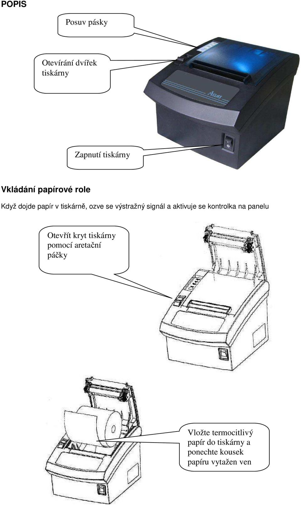 aktivuje se kontrolka na panelu Otevřít kryt tiskárny pomocí aretační