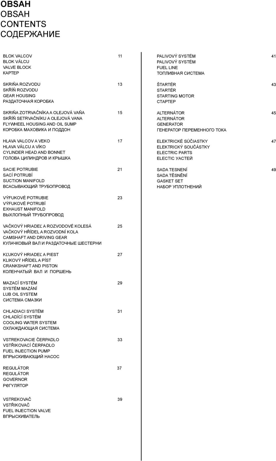 SUCTION MANIFOLD ВСАСЫВАЮЩИЙ ТРУБОПРОВОД PALIVOVÝ SYSTÉM 41 PALIVOVÝ SYSTÉM FUEL LINE ТОПЛИВНАЯ СИСТЕМА ŠTARTÉR 43 STARTÉR STARTING MOTOR СТАРТЕР ALTERNÁTOR 45 ALTERNÁTOR GENERATOR ГЕНЕРАТОР